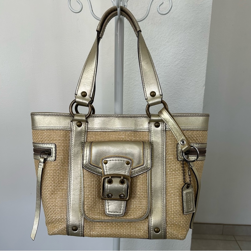 Coach Legacy straw and metallic gold leather tote bag